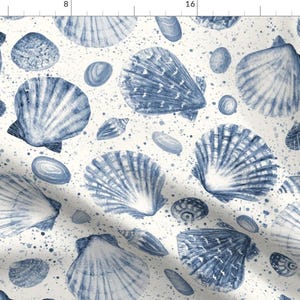 May include: A seamless pattern featuring blue watercolor seashells on a white background. The shells are arranged in a random pattern and are of various sizes and shapes.
