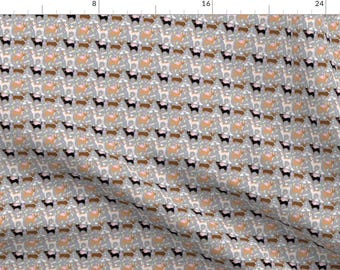 May include: Fabric with a repeating pattern of stylized dogs in various colors, including black, brown, and tan, on a light gray background. The dogs are depicted in a simple, silhouette-like style, creating a playful and whimsical design.