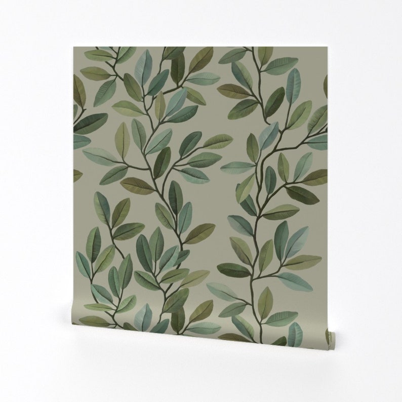 Climbing Vines Wallpaper Tropical Leaves On Branches By Lbaron Green Neutral Nature Removable Self Adhesive Wallpaper Roll by Spoonflower image 1