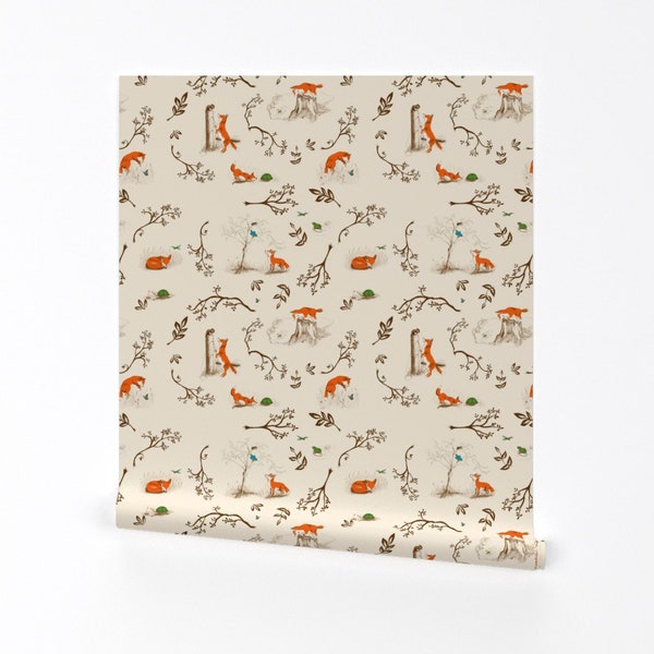 Fox Flower Wallpaper - Fox Toile by rose'n'thorn - Fox Rose Botanical Woodland Orange Removable Peel and Stick Wallpaper by Spoonflower