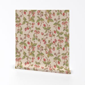 Strawberry Removable Peel and Stick Wallpaper - Watercolor Botanical Cottagecore - Wall Art Wall Decor - Strawberry Summer by beholden