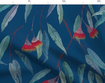 Eucalyptus Fabric - Eucalyptus Leaves And Flowers On Blue /2/ By Lavish Season - Eucalyptus Cotton Fabric By The Yard With Spoonflower