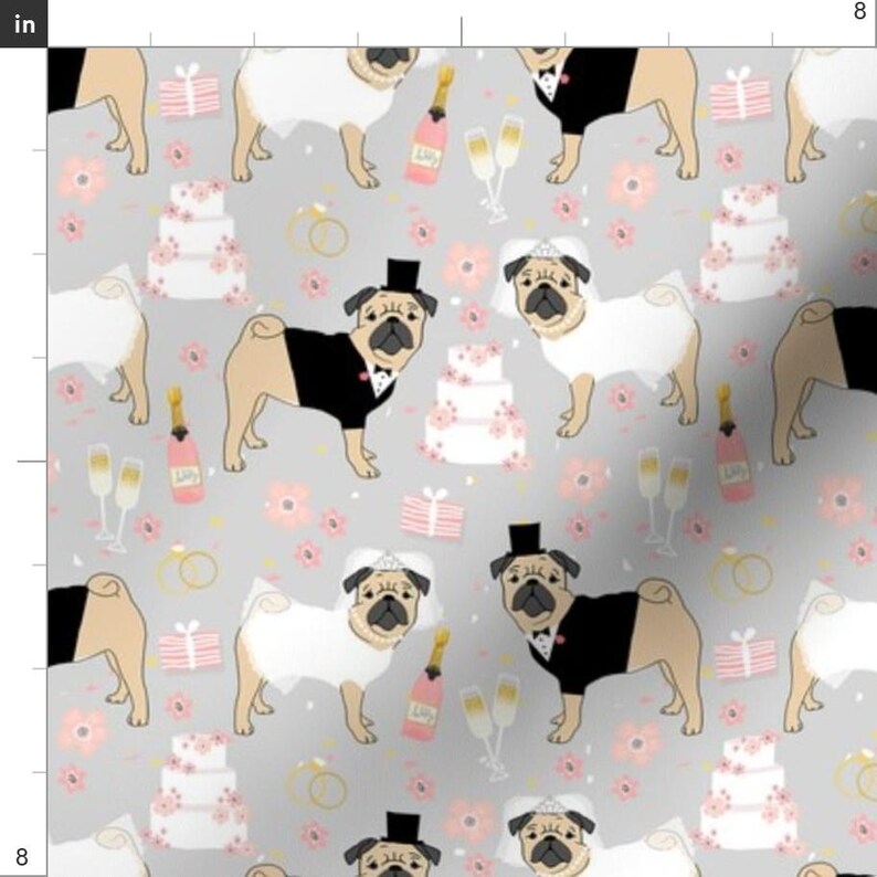 Pug Fabric - Pug Wedding Fabric - Cute Dogs Bride And Groom Design - Gray By Petfriendly - Pug Cotton Fabric By The Yard With Spoonflower image 3