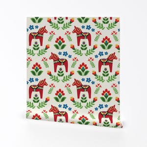 Dala Horse Wallpaper - Swedish Folk Dala Horses By Barbarapixton - Red Custom Printed Removable Self Adhesive Wallpaper Roll by Spoonflower