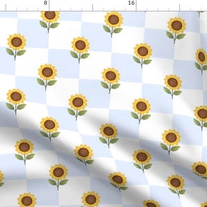 Sunflower Apparel Fabric - Sunflower Checkerboard by caitie_illustrates - Cottage Check Baby Blue White Clothing Fabric by Spoonflower