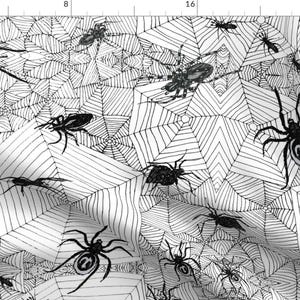 May include: Black and white illustration of a spider web pattern with spiders. The web is drawn in a detailed, intricate style. The spiders are black and have eight legs.