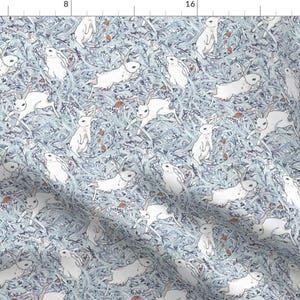 White Woodland Rabbits on Blue Fabric - Romping Rabbits Med By Nouveau Bohemian - Easter Bunnies Cotton Fabric By The Yard With Spoonflower
