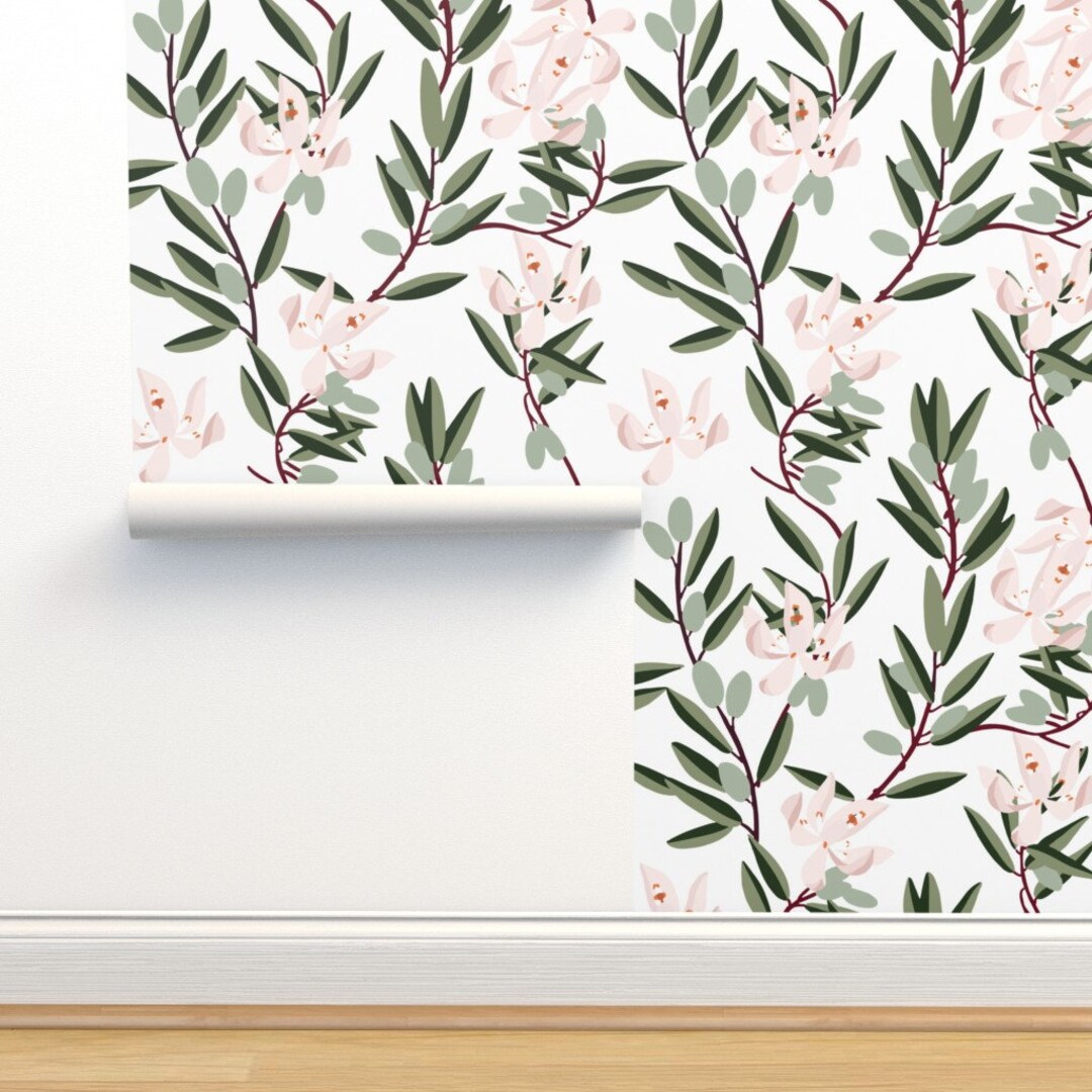 Olive Wallpaper Olive Bloom Pink by Holli Zollinger Green - Etsy