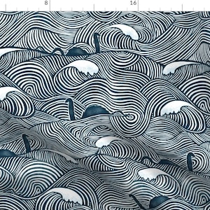 May include: A seamless pattern featuring a dark blue background with white and black lines forming waves. The waves are layered and create a sense of depth. Silhouettes of a mythical sea creature are scattered throughout the pattern.