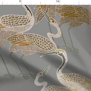 Chinoiserie Cranes Fabric - Deco Cranes by shellyreneedesigns - Mist Gray Gold Look Large Scale Elegant  Fabric by the Yard by Spoonflower