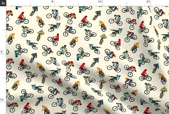 BMX Fabric - Mountain Bikers By Clairekalinadesigns - Outdoor Extreme Sports Pale Yellow Athletic Cotton Fabric By The Yard With Spoonflower