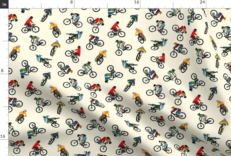 BMX Fabric - Mountain Bikers By Clairekalinadesigns - Outdoor Extreme Sports Pale Yellow Athletic Cotton Fabric By The Yard With Spoonflower image 1