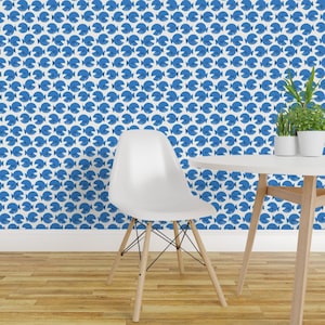 Whimsical Blue Fish Peel and Stick Wallpaper - Coastal Fun Cute Happy Cheerful - Removable Wall Decor Art - Puffer Fish  by lennyellendesign