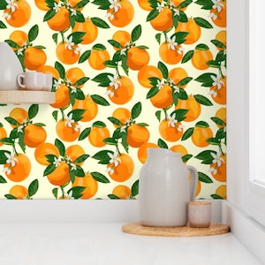 Citrus Wallpaper - Oranges And Blossoms On Cream Ii By Kaileyhawthorn - Custom Printed Removable Self Adhesive Wallpaper Roll by Spoonflower
