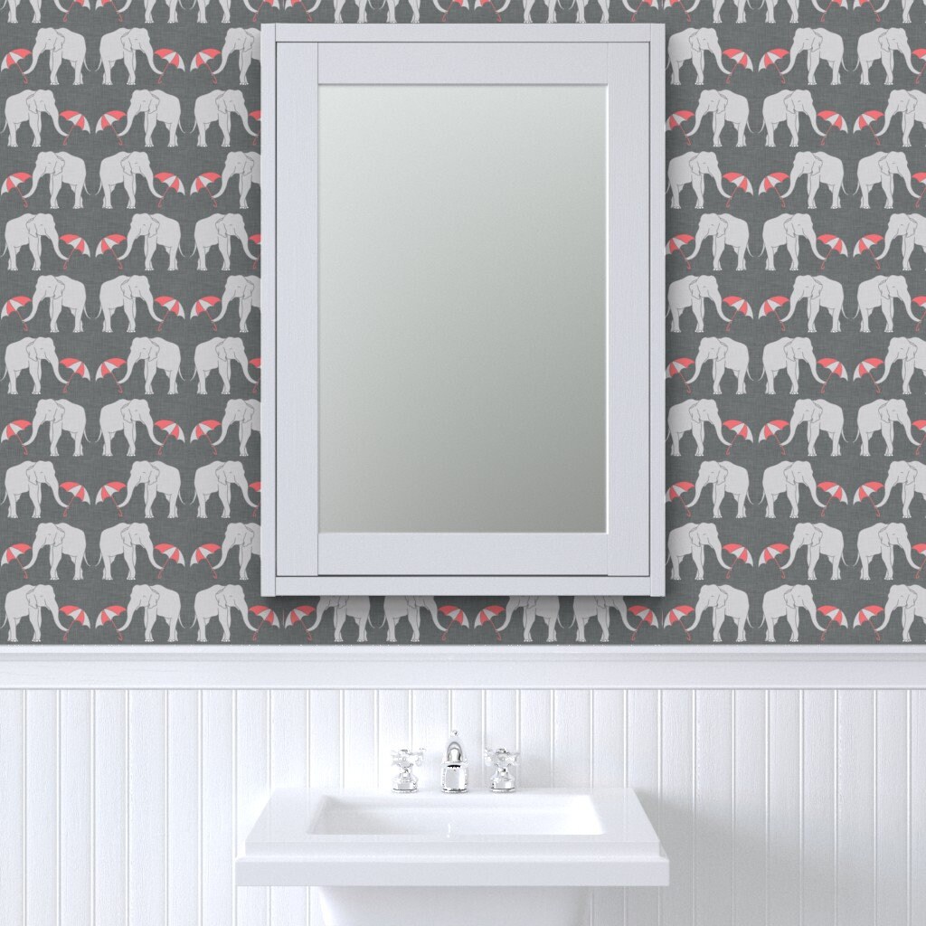 Elephant Wallpaper Elephant and Umbrella Coral by Holli | Etsy