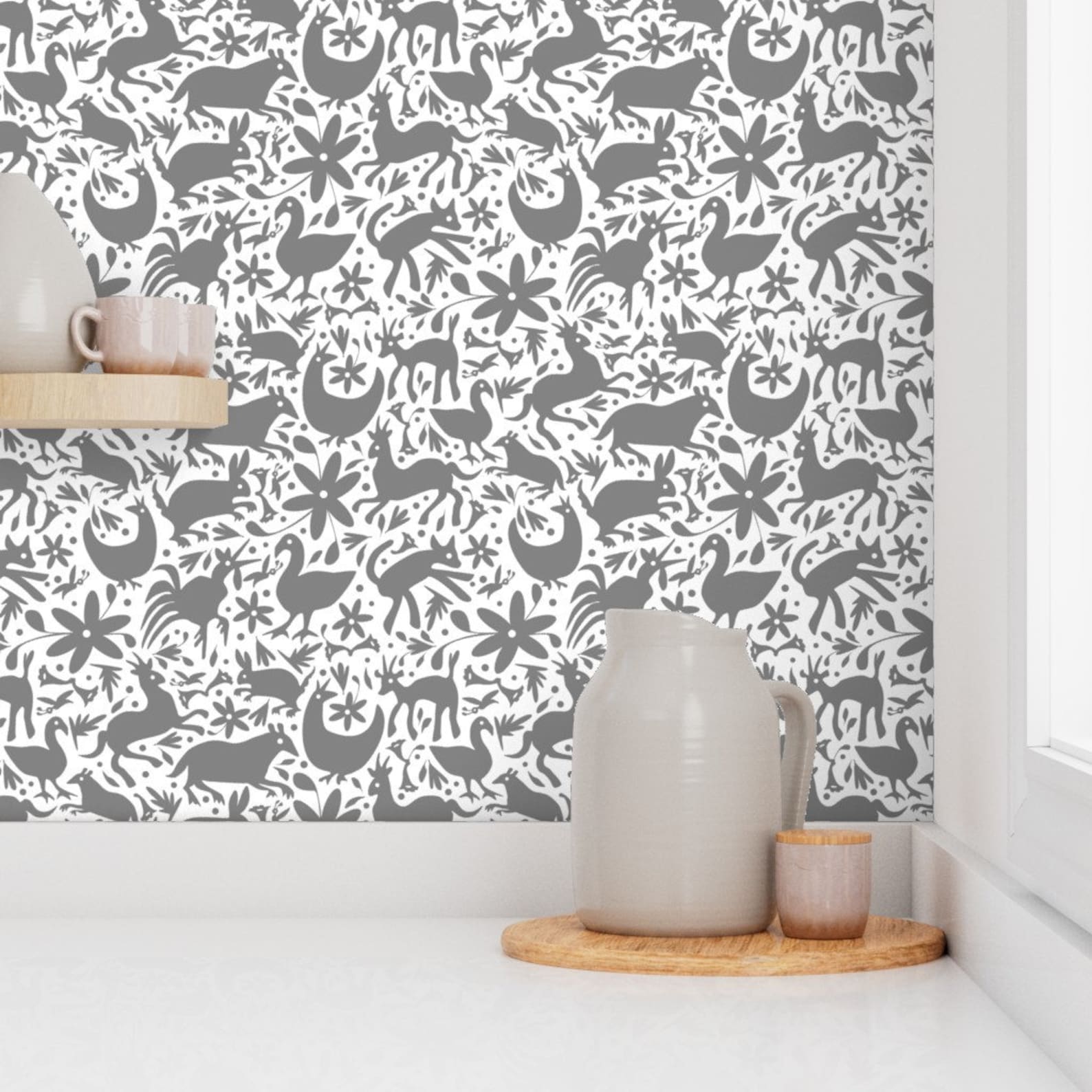 Otomi Wallpaper Mexico Springtime Gray White Large Scale by Etsy