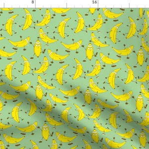May include: A seamless pattern featuring yellow bananas with cartoon faces and legs, wearing sunglasses and running on a light green background.