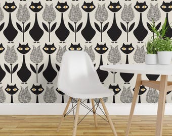 Whimsigothic Peel and Stick Wallpaper - Goth Monochrome Cat Flowers Tulips - Removable Wall Decor Art - Black Cats And Tulips by katerhees