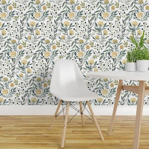Floral Wallpaper - Yellow Floral By Bluebirdcoop - Yellow Green White Custom Printed Removable Self Adhesive Wallpaper Roll by Spoonflower