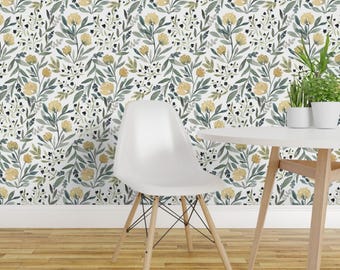 Floral Wallpaper - Yellow Floral By Bluebirdcoop - Yellow Green White Custom Printed Removable Self Adhesive Wallpaper Roll by Spoonflower
