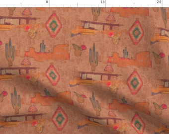 Southwest Fabric - Desert Mood By Dessineo - Orange Teal Cactus Midwest Tribal Native Aztec Cotton Fabric By The Yard With Spoonflower