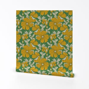 Bright Floral Removable Peel and Stick Wallpaper - Retro Vintage Style Yellow - Wall Art Wall Decor - Sunny Floral Large by julietasflowers