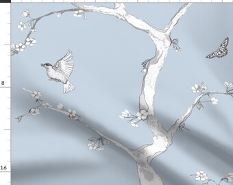 Chinoiserie Fabric - Cherry Blossoms Blue by domesticate - Large Scale Pastel Blue Victorian Flower Bird Fabric by the Yard by Spoonflower