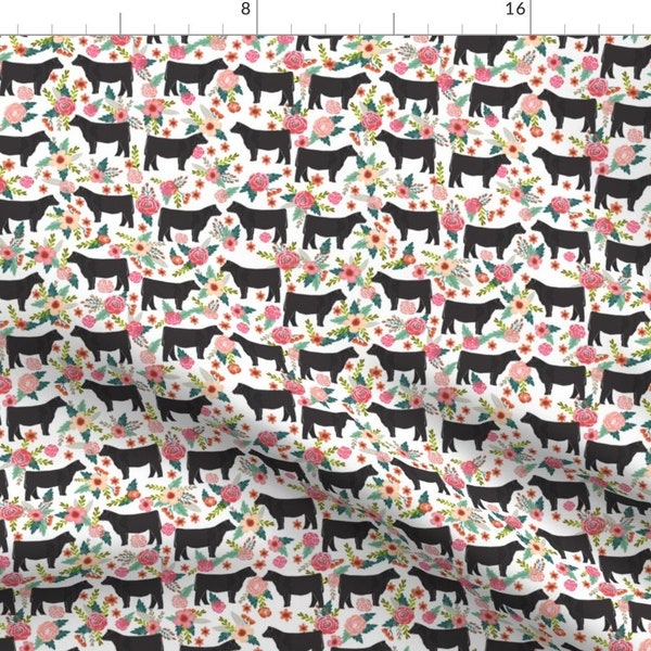 Cows Cattle Fabric - Show Steer Farm Sanctuary Floral Flower Animal Pattern White By Petfriendly -Cotton Fabric by the Yard with Spoonflower