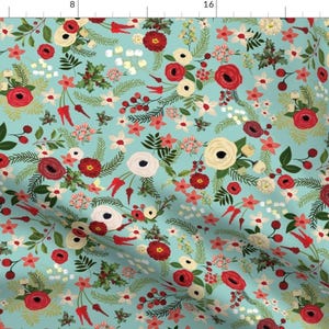 Holiday Holly Berries Fabric - Vintage Christmas Floral Blue By Twodreamsshop - Vintage Christmas Cotton Fabric By The Yard With Spoonflower