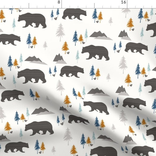 Bears Fabric - Bears In Forest Charcoal By Sproutz - Bear Mountain Woodland Nursery Orange Blue Cotton Fabric By The Yard With Spoonflower