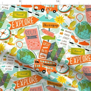 May include: A white background with a colorful pattern of travel-themed illustrations. The pattern includes a red double-decker bus, a compass, a globe, a bird, a sun, and signs that say "Explore", "Route Planner", and "This Way Up".