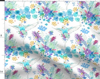 Budgie Fabric - Bluey By Vellaquin - Bird Watercolor Blue Floral Cotton Fabric By The Yard With Spoonflower