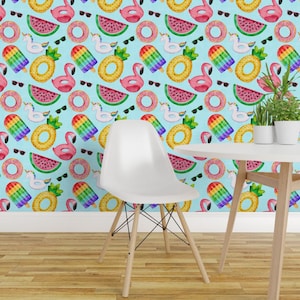 Summer Peel and Stick Wallpaper - Flamingo Watermelon Popsicle Pool - Removable Wall Decor Art - Pool Floats On Blue by longdogcustomdesigns