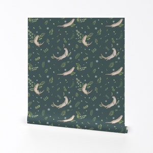 Otter Wallpaper - Otter Pattern - Dark Green Background By Elfi Yang - Custom Printed Removable Self Adhesive Wallpaper Roll by Spoonflower