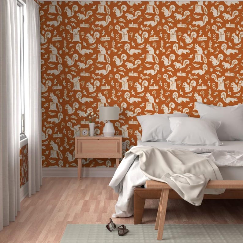 Fall Wallpaper - Squirrels Linocut Fall Autumn By Andrea Lauren - Custom Printed Removable Self Adhesive Wallpaper Roll by Spoonflower image 5