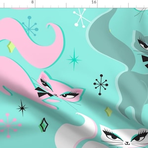 Cats Fabric - Swanky Kittens- Large By Miss Fluff - Cats Mid Century Modern Pink Aqua White Cotton Fabric By The Yard With Spoonflower