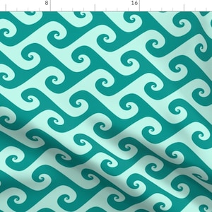 May include: Teal and light blue geometric pattern with a repeating wave design. The waves are made up of spirals.