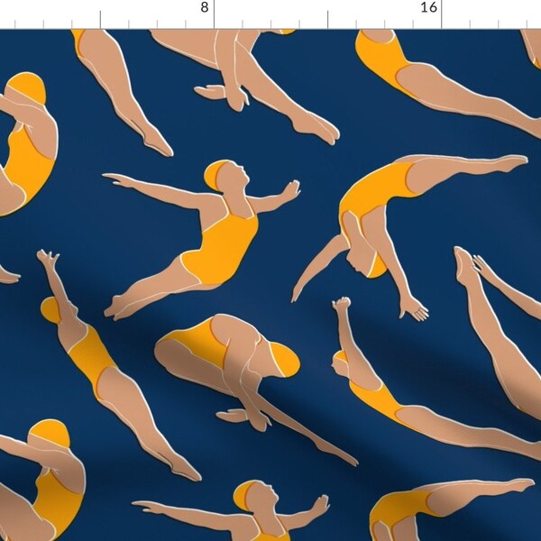 Retro Diver Fabric - Mid Mod Divers by mariarein - Blue Gold Swimsuit Yellow Diving Sports Swimming Modern Fabric by the Yard by Spoonflower