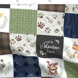 Cute Woodland Fabric - Patchwork Animals by gingerlous -  Forest Nursery Blue Brown Green Cheater Quilt Fabric by the Yard by Spoonflower