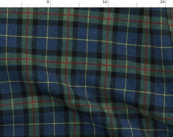 Könnte beinhalten: Ein blauer, grüner, schwarzer, roter und gelber Tartanstoff mit einer dezenten gewebten Textur.