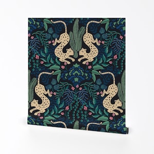 Jungle Damask Removable Peel and Stick Wallpaper - Big Cat Whimsical Maximalist - Wall Art Wall Decor - Moody Tropical Leopard by vivdesign