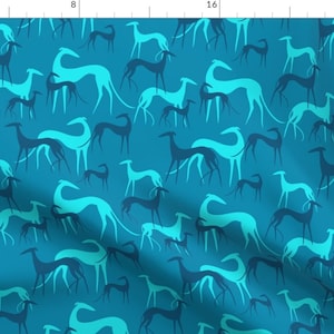 May include: A teal blue fabric with a repeating pattern of stylized grey and turquoise grey dogs. The dogs are in various poses and sizes.