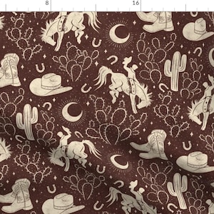 Southwest Fabric - Cowboys And Cacti by byre_wilde - Brown Boots Cactus Ranch Rodeo Cowboy Hat Moon Fabric by the Yard by Spoonflower