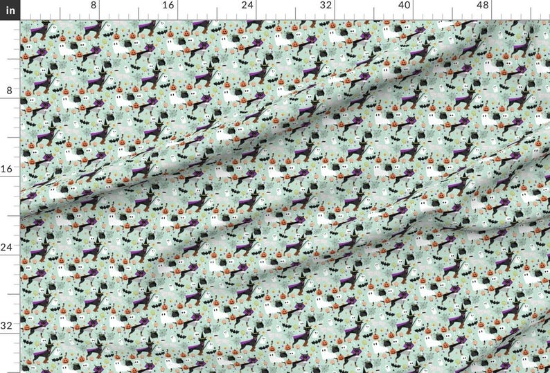 Min Pin Ghost Fabric - Miniature Pinscher Dog Halloween By Petfriendly - Spooky Halloween Cotton Fabric by the Yard with Spoonflower image 2