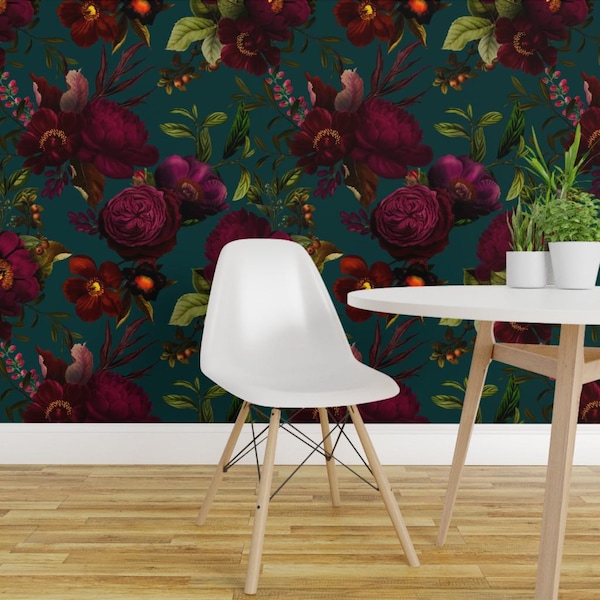 Vintage bloemen zelfklevend behang - Sfeervolle Victoriaanse rozen met donkere bloemen - Verwijderbare wanddecoratie - Before Midnight van utart