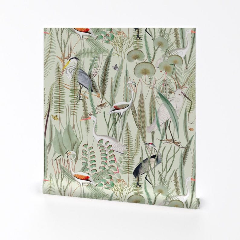 Coastal Wallpaper - Herons In Marsh By Down River Homegoods - Light Green Swamp Bird Removable Self Adhesive Wallpaper Roll by Spoonflower image 2