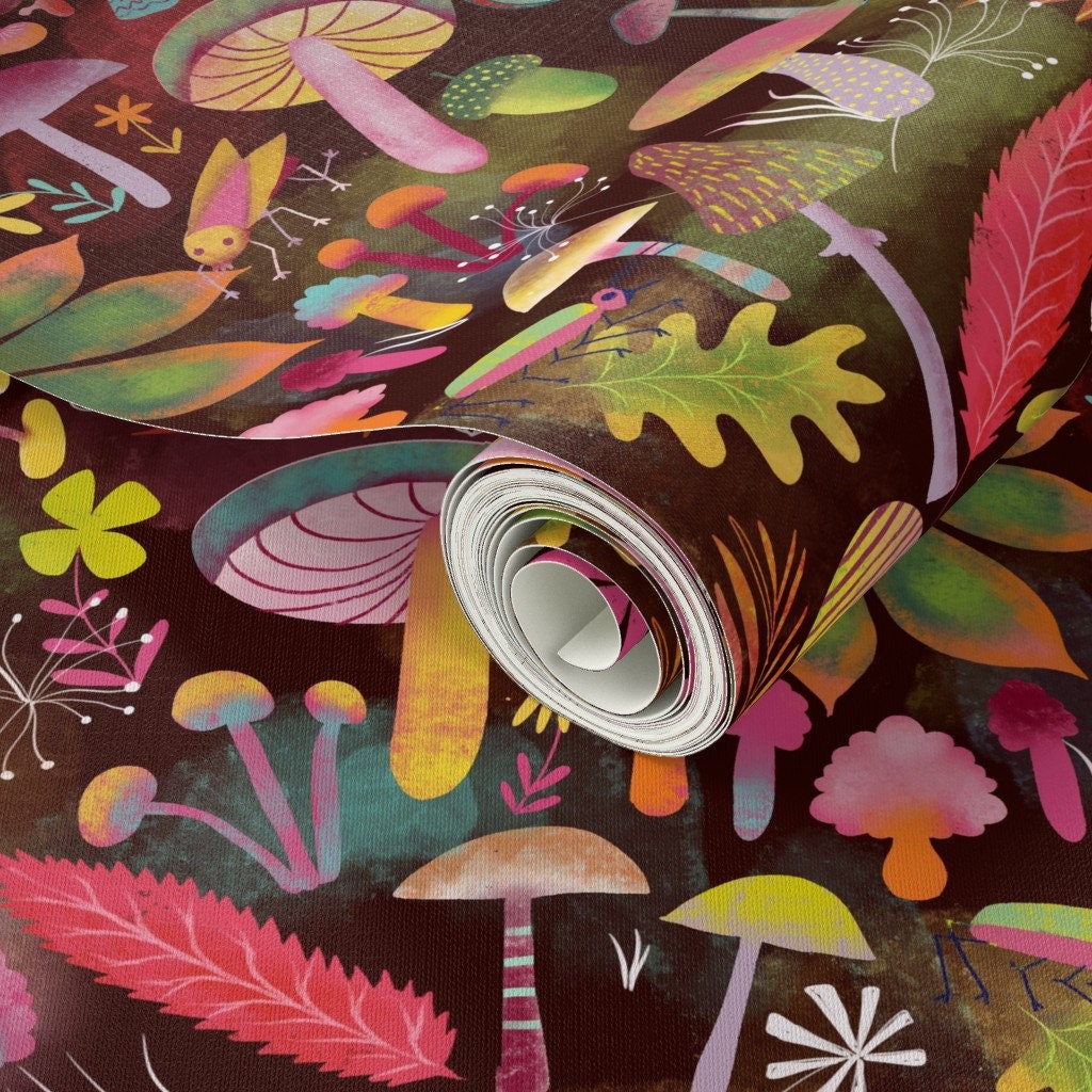 Mushroom Wallpaper Leaves and Shrooms by Miraparadies - Etsy
