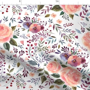 Pink Floral Fabric - 18&quot; Floral Breeze By Shopcabin - Pink Floral Roses Berries Vintage Decor Cotton Fabric By The Yard With Spoonflower