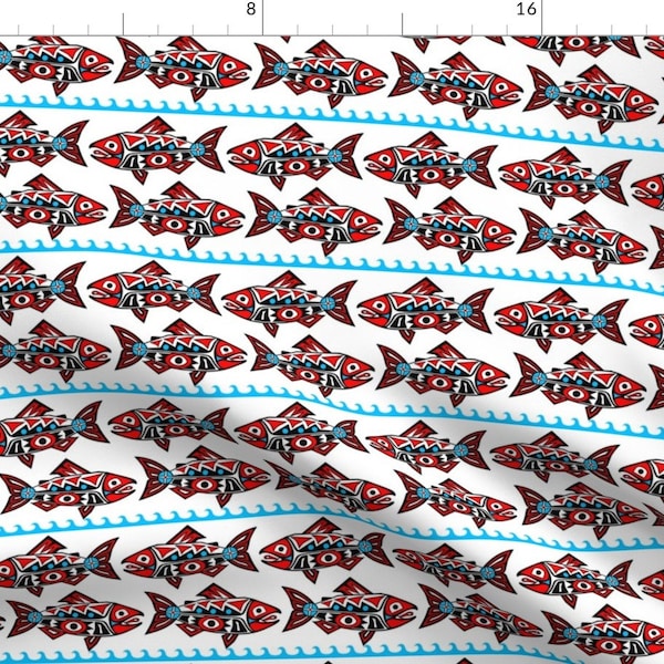Medium Chinook Salmon Fabric - Traditional Red Geometric White Water By Rebecca Finds Designs - Cotton Fabric By The Yard With Spoonflower