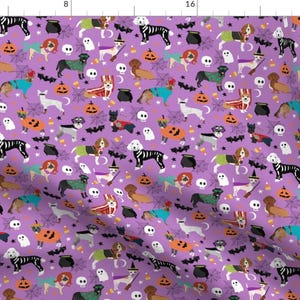 Dog Halloween Fabric - Dogs In Halloween Costumes - Dog Breeds Dressed Up Fabric - Purple By Petfriendly - Dog Fabric With Spoonflower